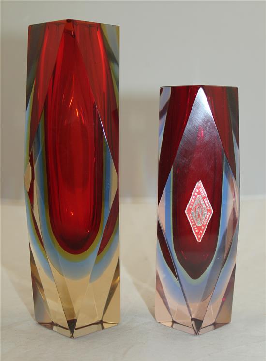 Two Murano three colour Sommerso faceted glass vases, possibly Mandruzzato, 1960s-70s, 16.5cm - 20.5cm, one with label Bonora & C.